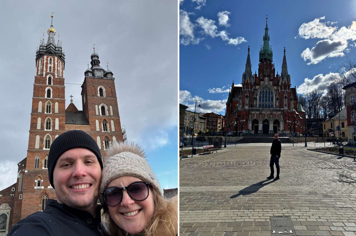 a collage of photos of tourists posing in front of a cathedral in Kazimierz and in the city center of Krakow, Poland, photo by Next Level of Travel