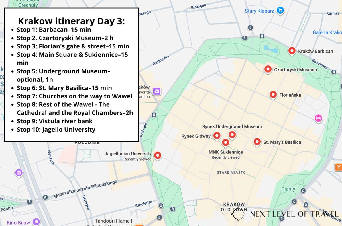a map of all the spots visited during Day 3 of the Krakow itinerary, Poland, map by Next Level of Travel