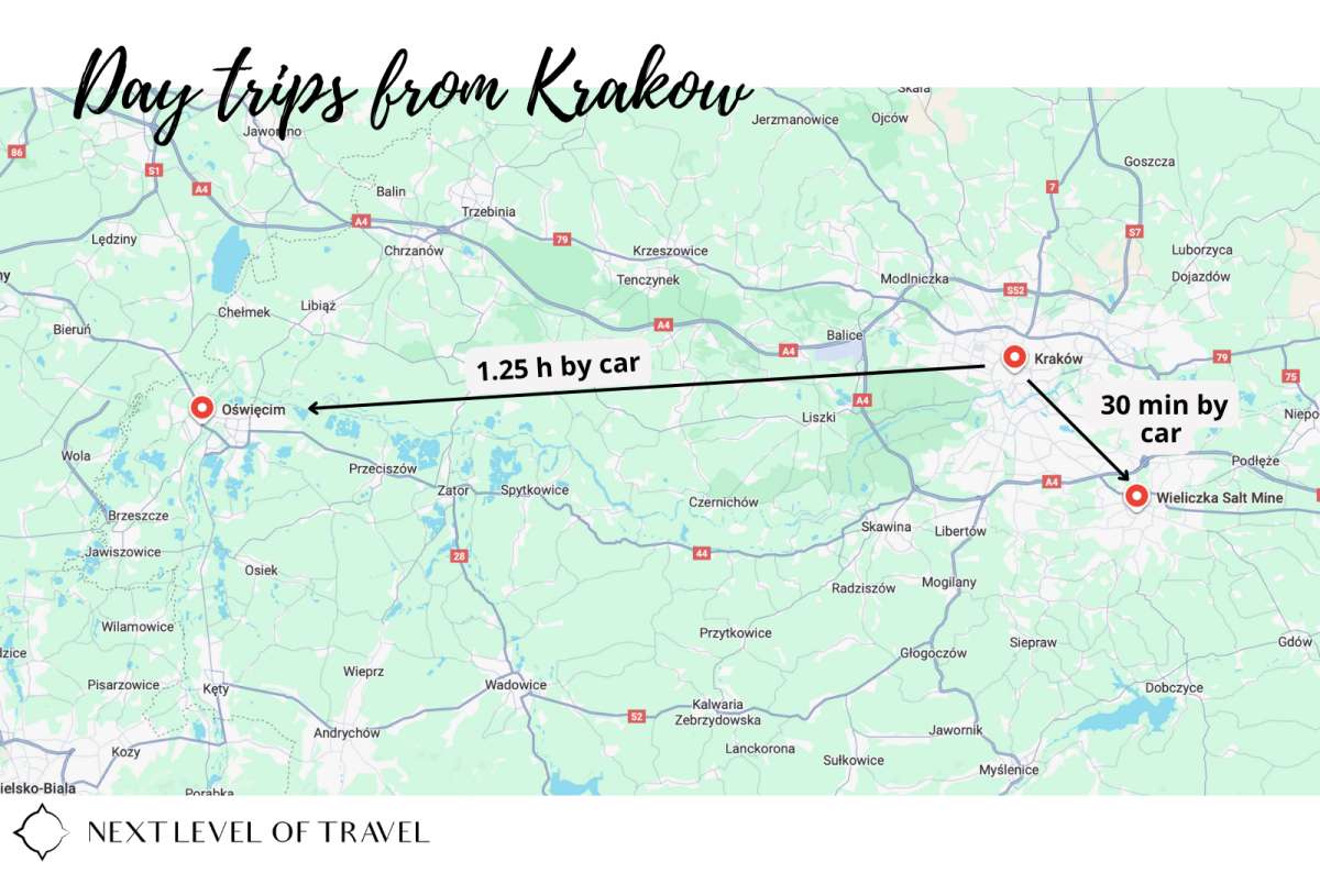 a map of the stops of the second day of this Krakow itinerary displaying the driving distances from Krakow to Auschwitz and Wieliczka Salt Mine, Poland, map by Next Level of Travel