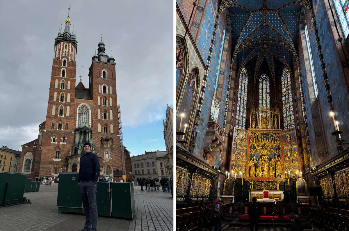a photo collage of photos from St. Mary’s Basilica, a tourist posing in front of it and the inside of the Basilica with the intricate decorations on display, Krakow, Poland, photo by Next Level of Travel