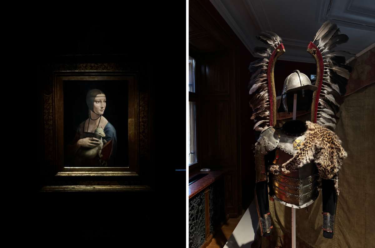 a photo of the pieces exibited in the Museum of Princes Czartoryski, showing a decorative piece of armor and a painting of the Lady with the Ermine, Krakow, Poland, Photo by Next Level of Travel