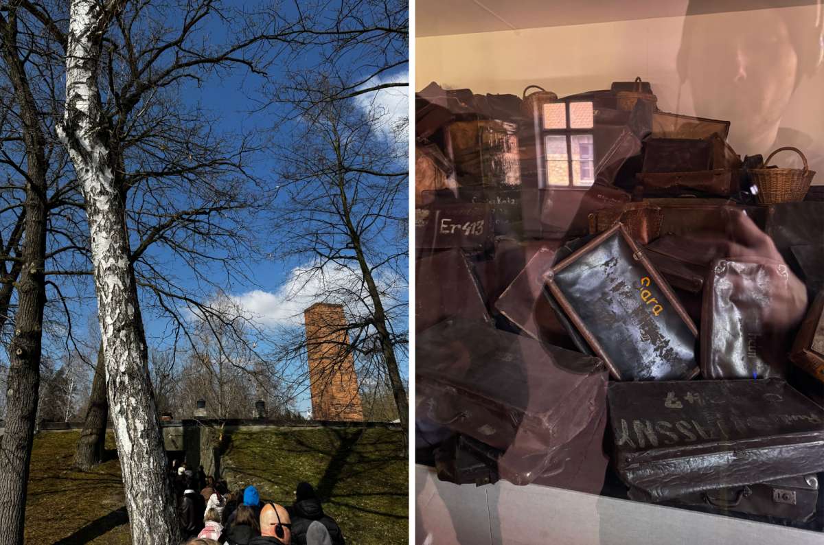 a collage from Auschwitz, one from the outside with tourists, and of a tourist photographing the personal belongings of the victims, Oświęcim, Poland, photo by Next Level of Travel