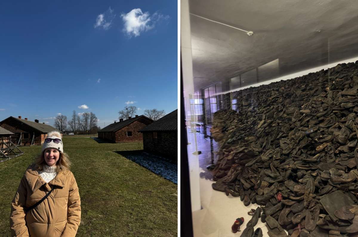 a collage from Auschwitz showing a tourist posing in front of the barracks and displaying the collection of shoes that belonged to the prisoners, Oświęcim, Poland, photo by Next Level of Travel