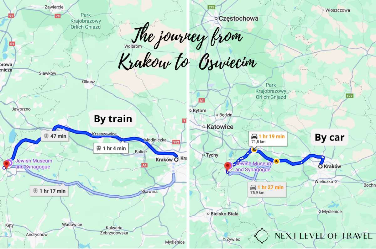 a collage of maps showing how long it takes to get to Oświęcim from Krakow by train and by bus, map by Next Level of Travel