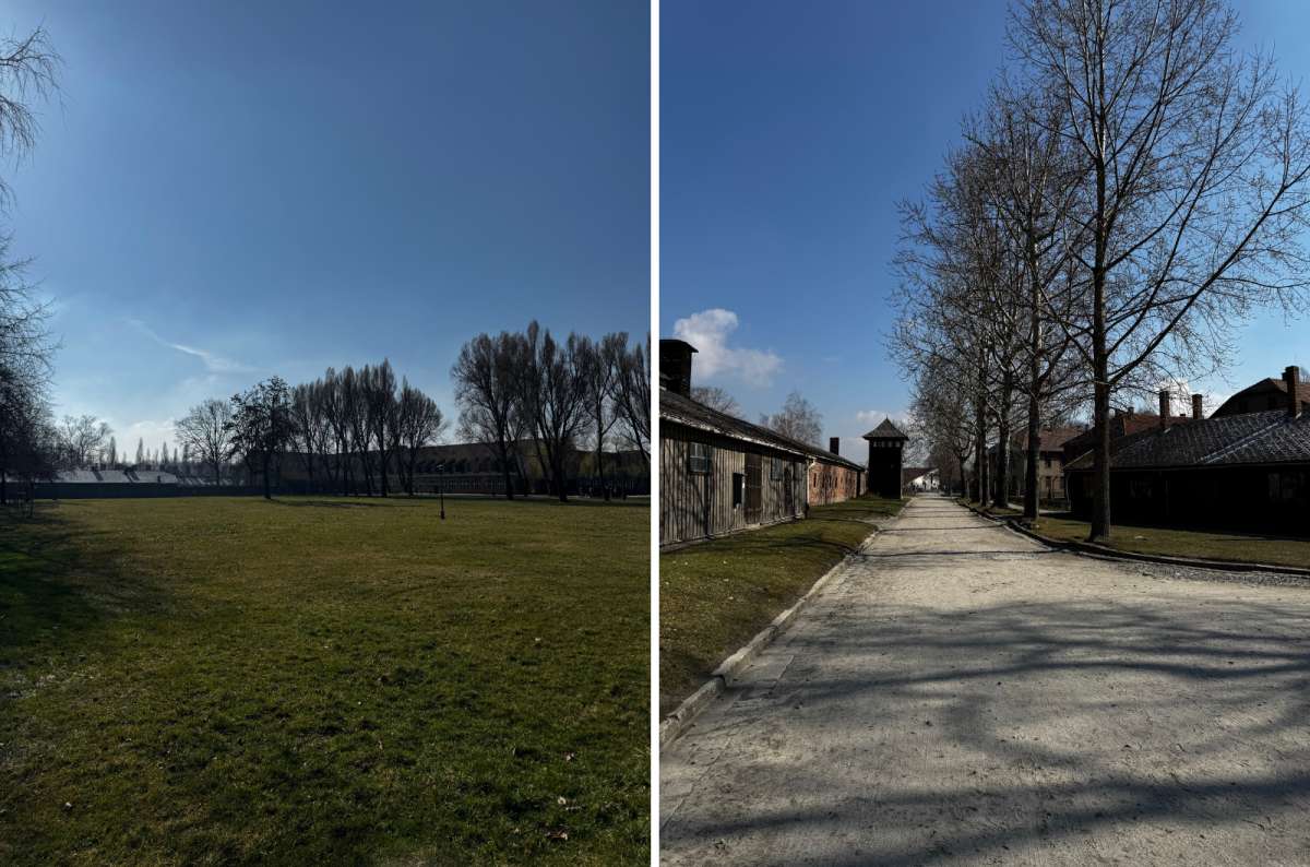 a collage of photos from Auschwitz showing the outside area of the camp, Oświęcim, Poland, photo by Next Level of Travel