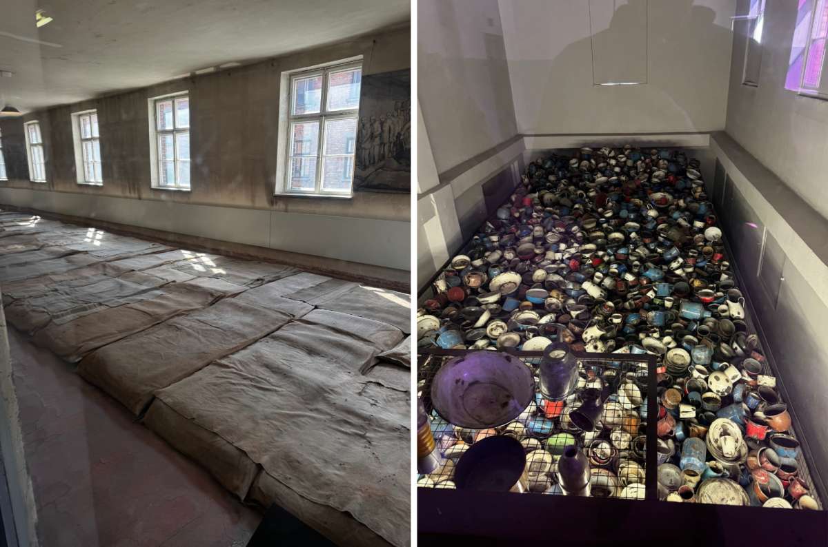 a collage of photos from the inside of Auschwitz displaying the belongings of the people once imprisoned inside the camp and the beds that they slept on, Oświęcim, Poland, photo by Next Level of Travel