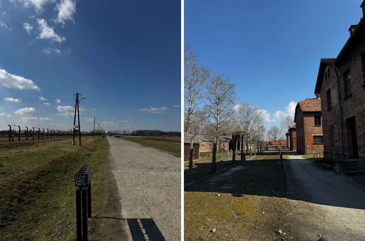 a collage of photos from the outside of Auschwitz, one showing the edge of the camp with barbed wires and the other showing the barracks, Oświęcim, Poland, photo by Next Level of Travel