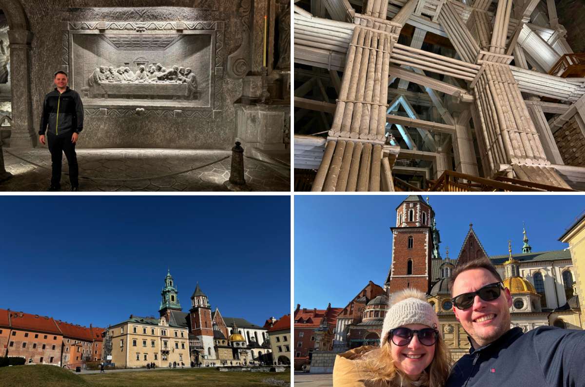 a collage of photos from the Wieliczka Salt Mine and the outside of the Wawel Castle, Poland, photo by Next Level of Travel