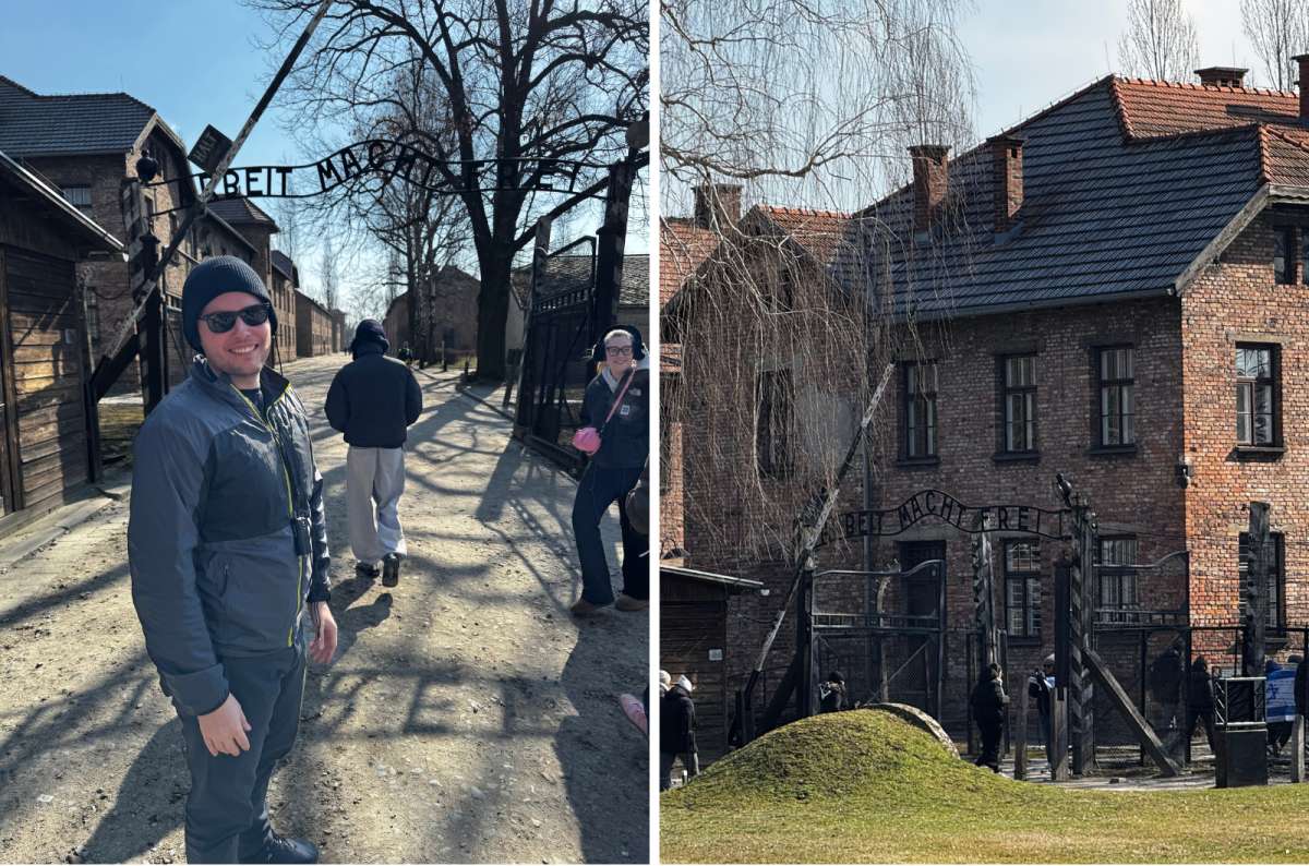 a collage of photos showing the “Arbeit Macht Frei” gate in the Auschwitz concentration camp, Oświęcim, Poland, photo by Next Level of Travel