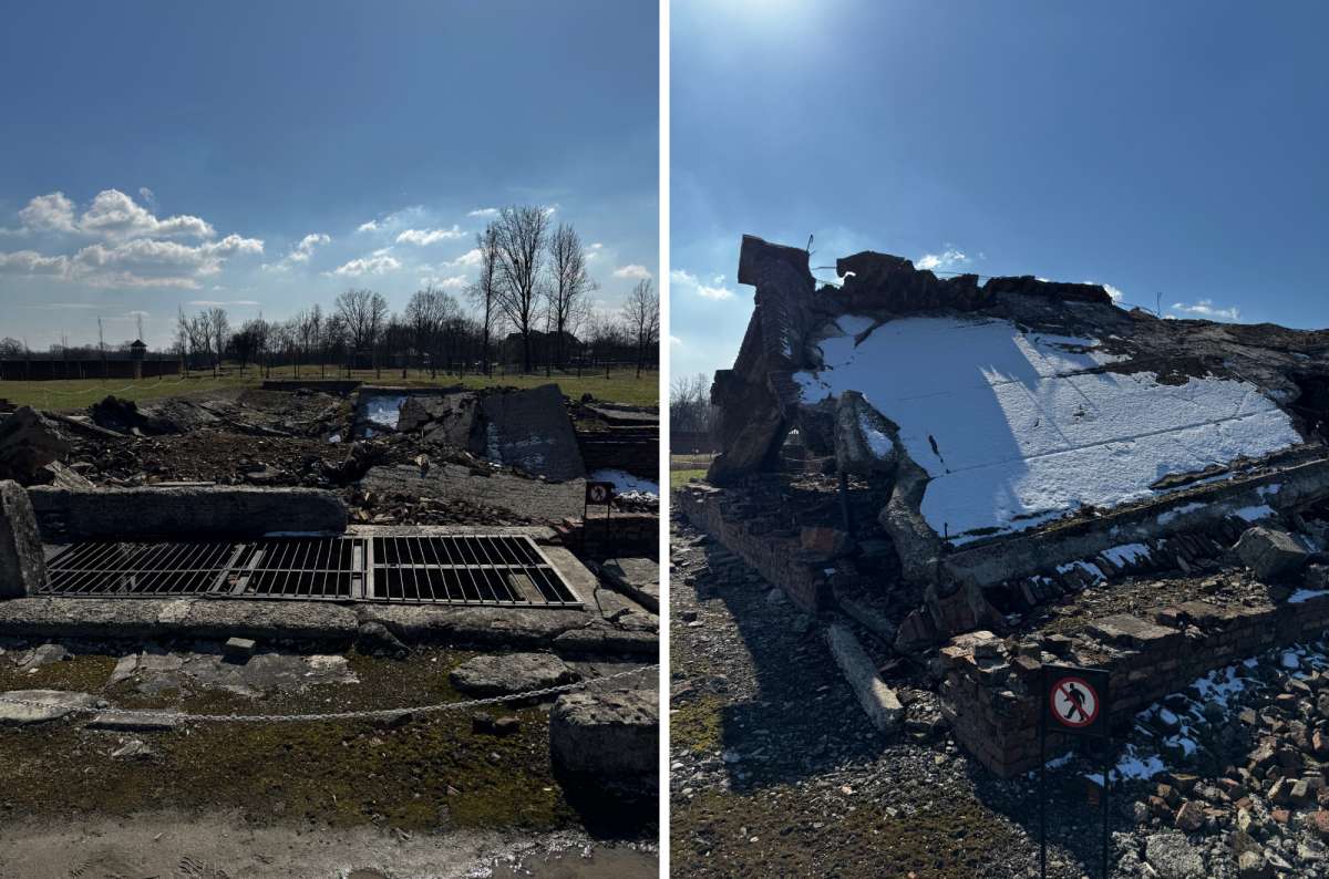 a collage of photos showing the destroyed crematoriums and gas chambers, Oświęcim, Poland, photo by Next Level of Travel