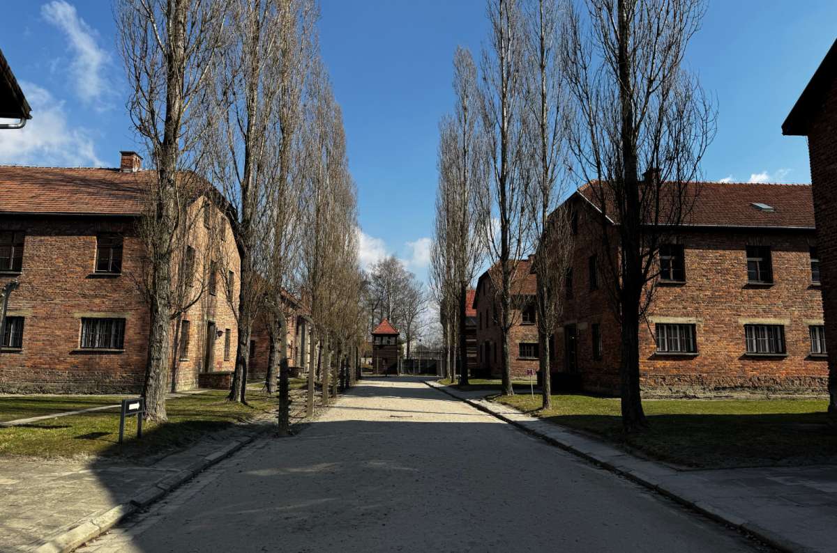 a photo from Auschwitz showing a main road leading between the barracks, Oświęcim, Poland, photo by Next Level of Travel