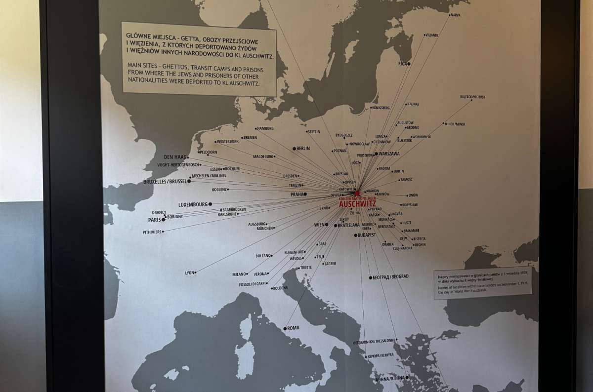 a photo of a map showing all the places that prisoners were taken to the Auschwitz concentration camp from, Oświęcim, Poland, photo by Next Level of Travel