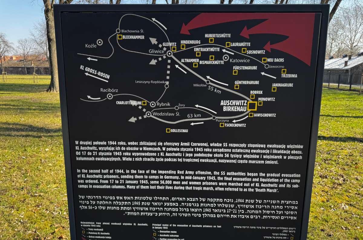 a photo of a map stand showing the general Auschwitz-Birkenau area, displaying all the important buildings and stops, Oświęcim, Poland, photo by Next Level of Travel