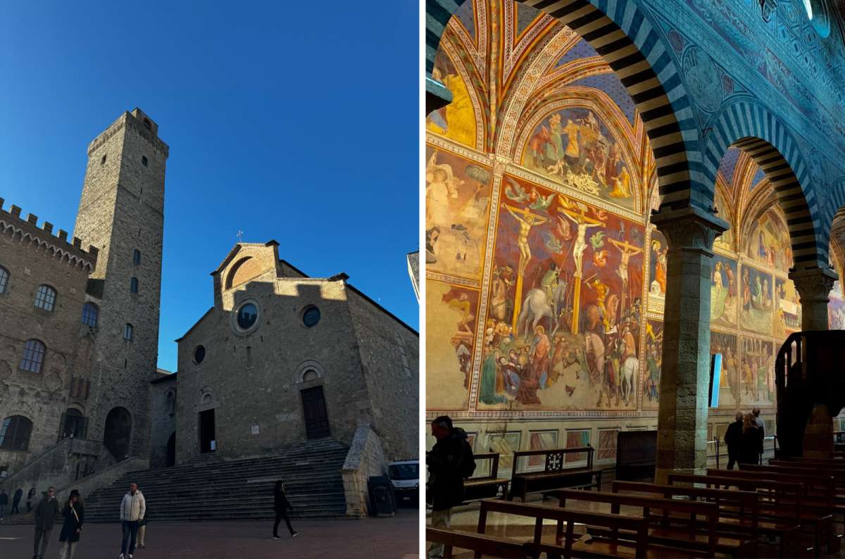 a collage of photos from San Gimignano, one showing the outside of Duomo di San Gimignano and the other showing the frescoes inside, Italy