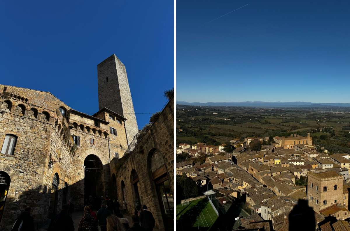 a collage of photos from San Gimignano, one showing the view from Piazza della Cisterna and the other of the view of San Gimignano from above, Italy, photo by Next Level of Travel