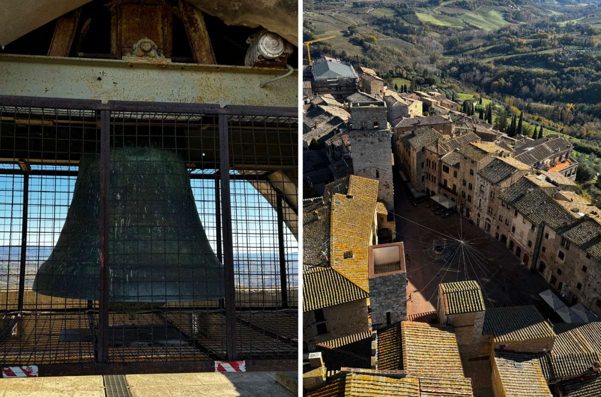 a collage of photos from San Gimignano showing bell inside the Torre Grossa a photo of the view from Torre Grossa, Italy, photo by Next Level of Travel