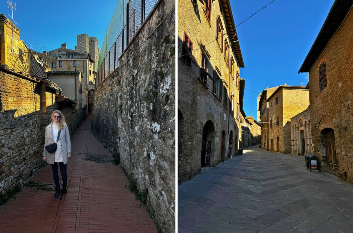 a collage of photos of a tourist posing in the medieval streets of San Gimignano during the sunset, Italy, photo by Next Level of Travel