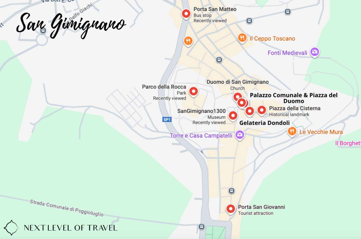 a map of all the stops showing the best things to do in San Gimignano, Italy, map by Next Level of Travel