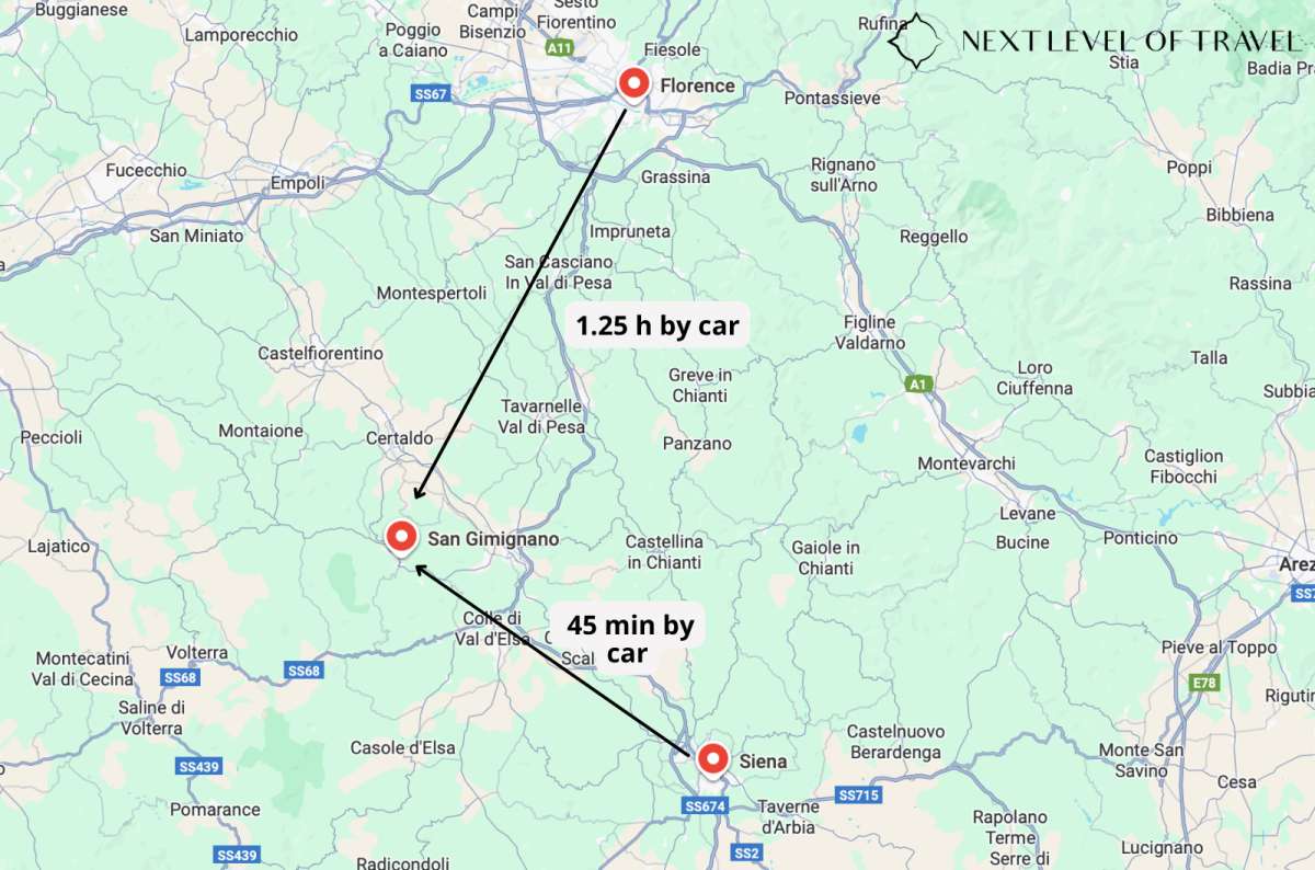 a map showing the dstances from Florence and Siena to San Gimignano by car, Italy, map by Next Level of Travel