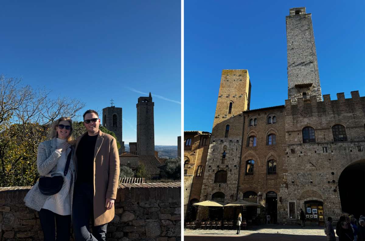 collage of tourists posing in front of the view of the towers in San Gimignano from up above next to a photo of the towers from down below, Italy, photo by Next Level of Travel