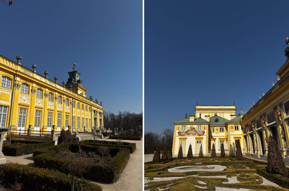 Baroque Wilanów Palace in Warsaw, Poland—detailed yellow façade with ornate decorations and manicured gardens under a clear blue sky, photo by Next Level of Travel