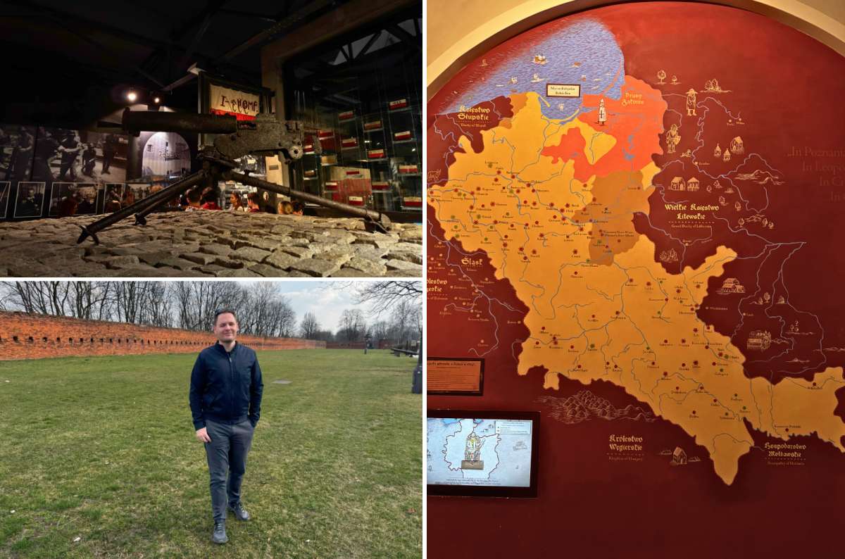 Collage from a full day in Warsaw, Poland—machine gun exhibit at the Warsaw Uprising Museum, visitor by the red brick walls of the Warsaw Citadel, and a historical map, photo by Next Level of Travel