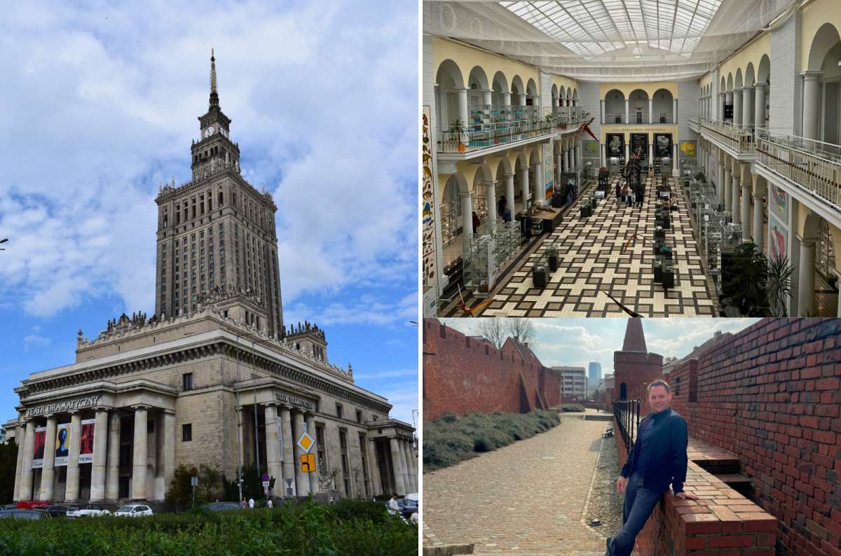 Collage from Warsaw, Poland, Palace of Culture and Science, interior of the Polish Geological Museum, and visitor sitting on the red brick walls of the Warsaw Barbican, photo by Next Level of Travel