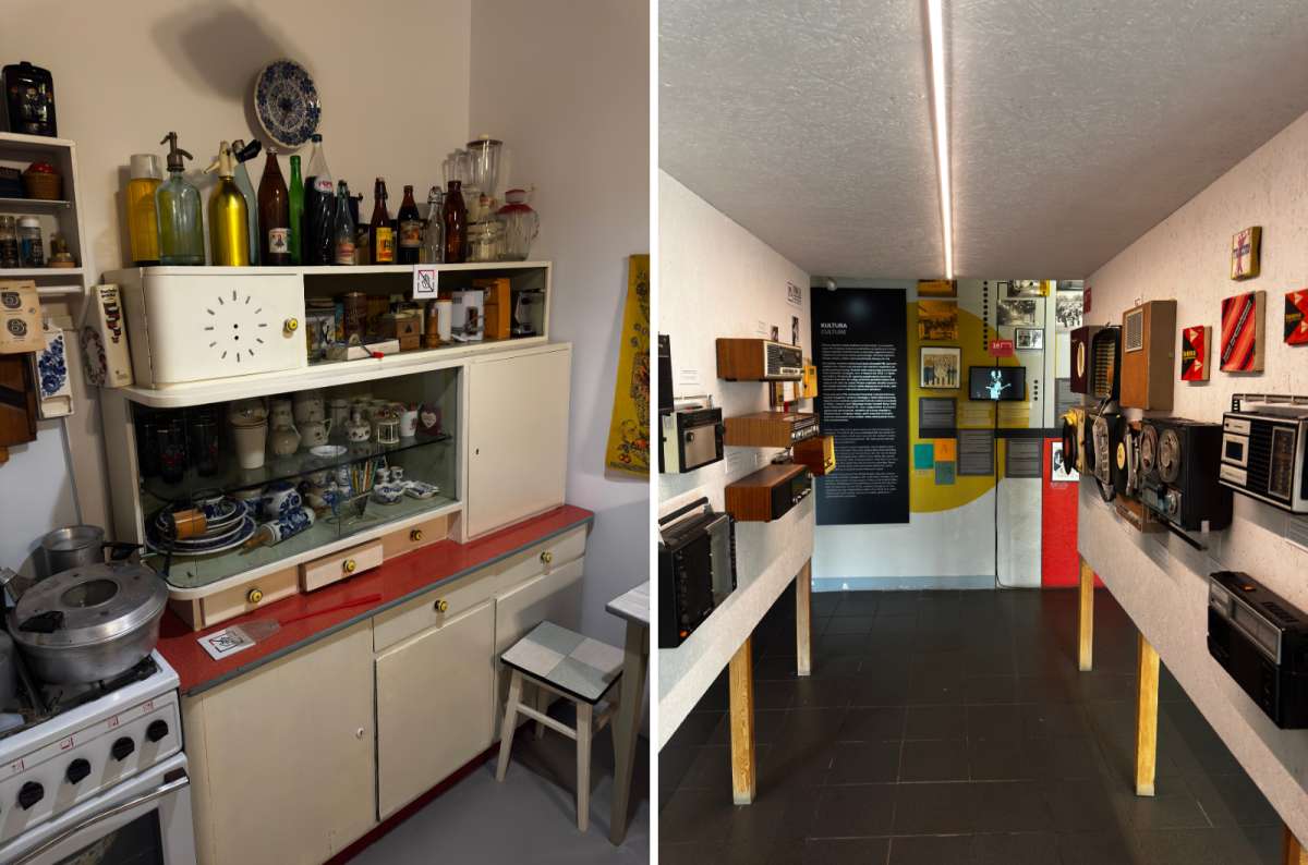 Exhibits inside the Museum of Life under Communism in Warsaw, Poland, featuring a vintage Polish kitchen setup and retro radios on display, photo by Next Level of Travel