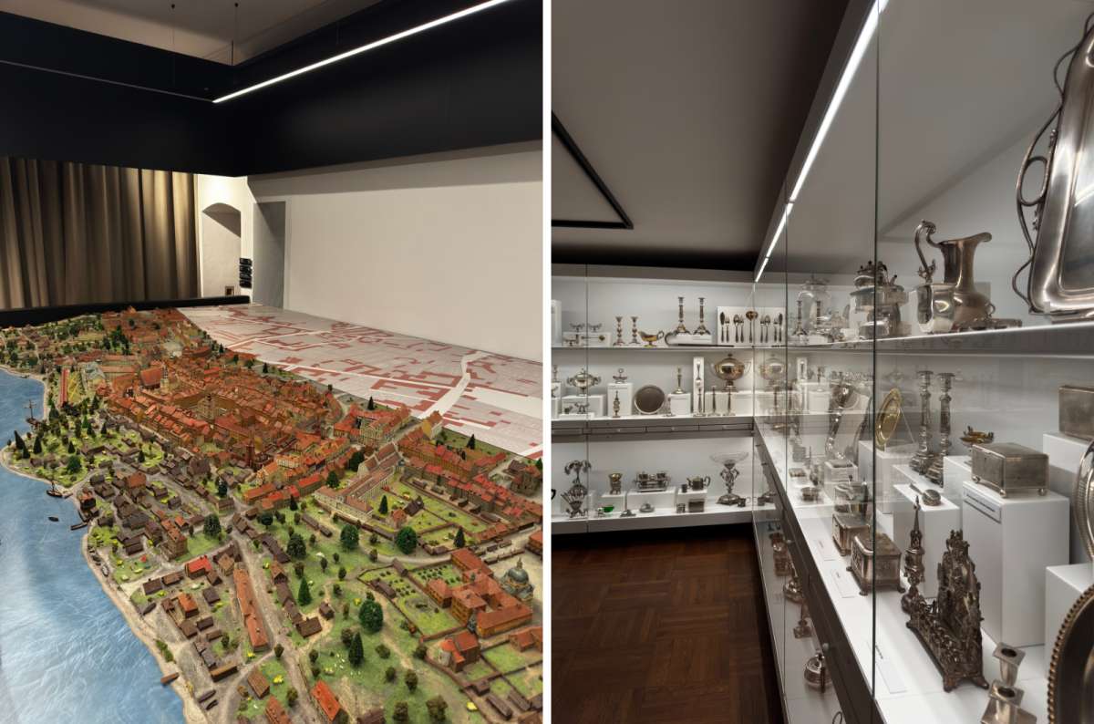 Exhibits inside the Museum of Warsaw—detailed diorama of the historic Old Town by the Vistula River and a collection of silver artifacts and household items, photo by Next Level of Travel
