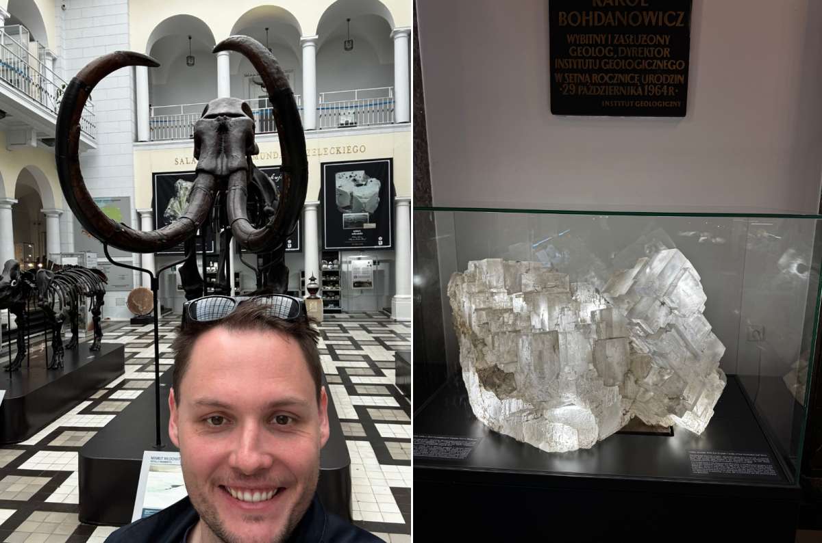 Geological Museum in Warsaw, Poland, with a mammoth skeleton exhibit and a large crystal mineral display, photo by Next Level of Travel