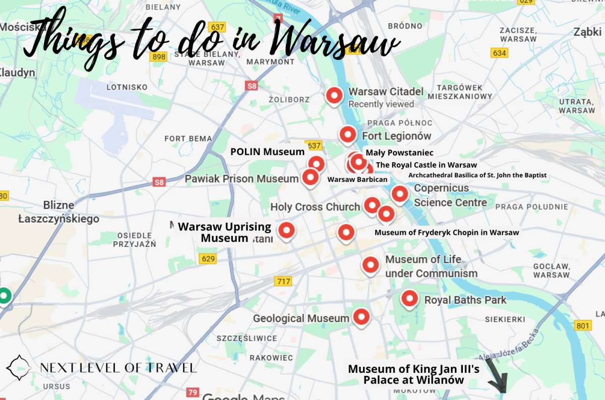 Illustrated map of Warsaw, Poland highlighting main attractions including the Royal Castle, POLIN Museum, Warsaw Uprising Museum, created by Next Level of Travel