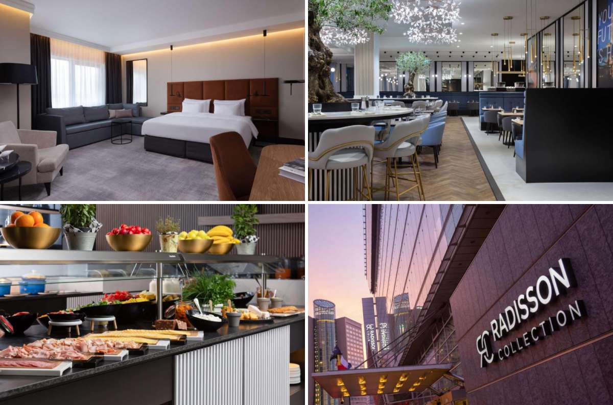 Modern interior of the Radisson Collection Hotel in Warsaw, Poland, showing a spacious guest room, elegant restaurant, breakfast buffet with fresh produce, and exterior view of the building