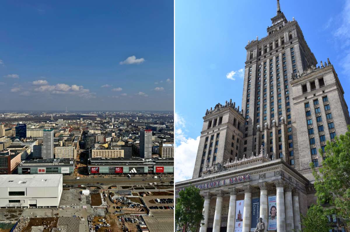 Palace of Culture and Science in Warsaw, Poland, with its tall Soviet-style tower and observation deck offering panoramic city views, photo by Next Level of Travel