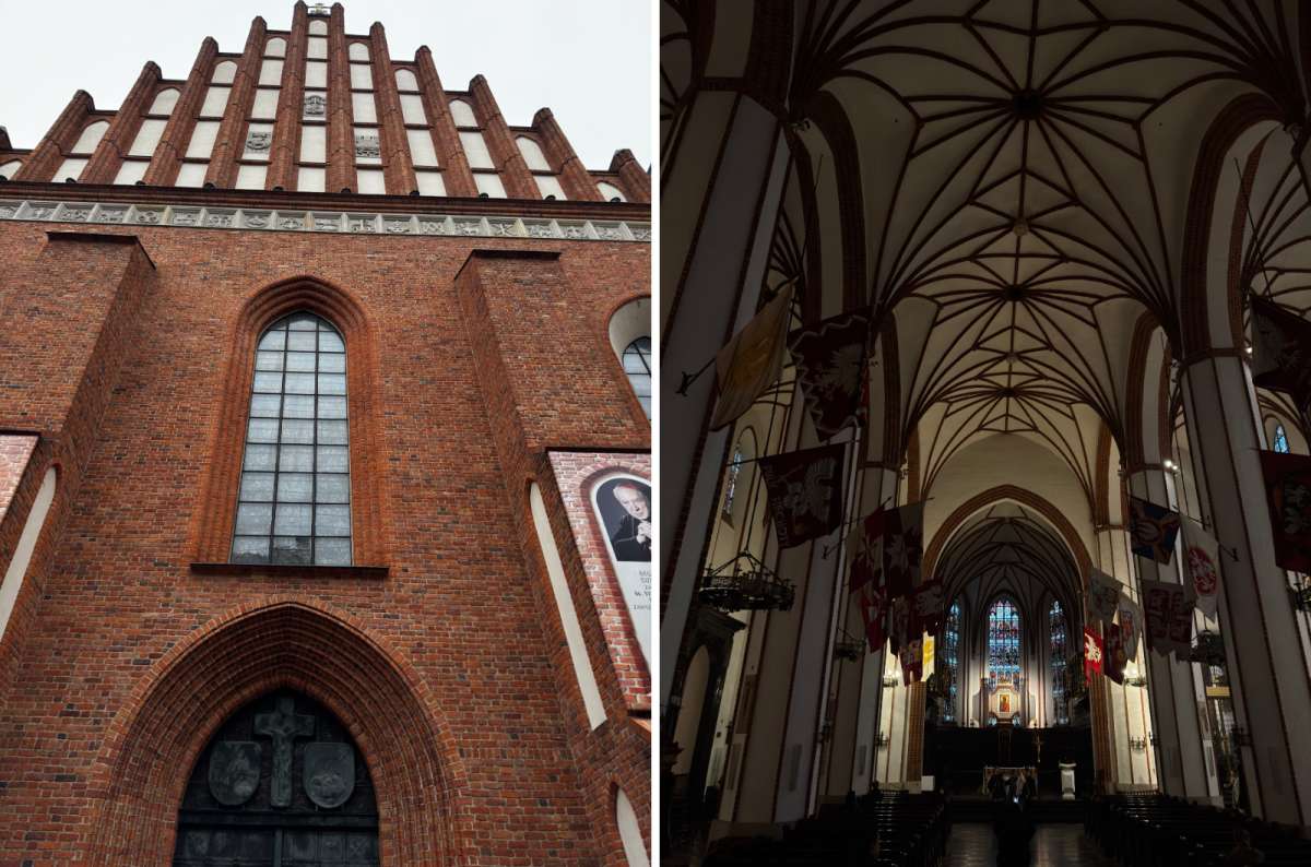St. John’s Archcathedral in Warsaw, Poland, featuring its tall red-brick Gothic-style façade and rib-vaulted interior adorned with Polish flags, photo by Next Level of Travel
