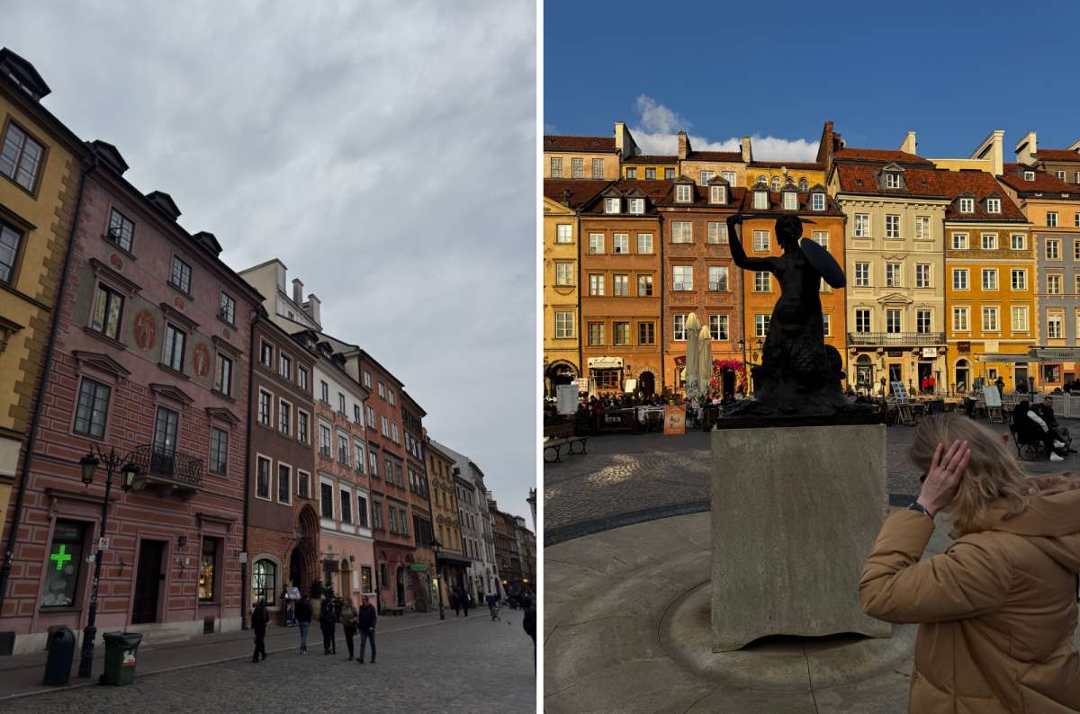 Syrenka Square in Warsaw Old Town, Poland, featuring colorful reconstructed townhouses and the iconic statue of the Little Mermaid of Warsaw, photo by Next Level of Travel