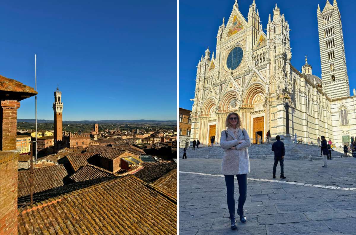 Cityscape of Siena, Italy, with Torre del Mangia tower and Siena Cathedral (Duomo di Siena) under clear blue skies, photo by Next Level of Travel