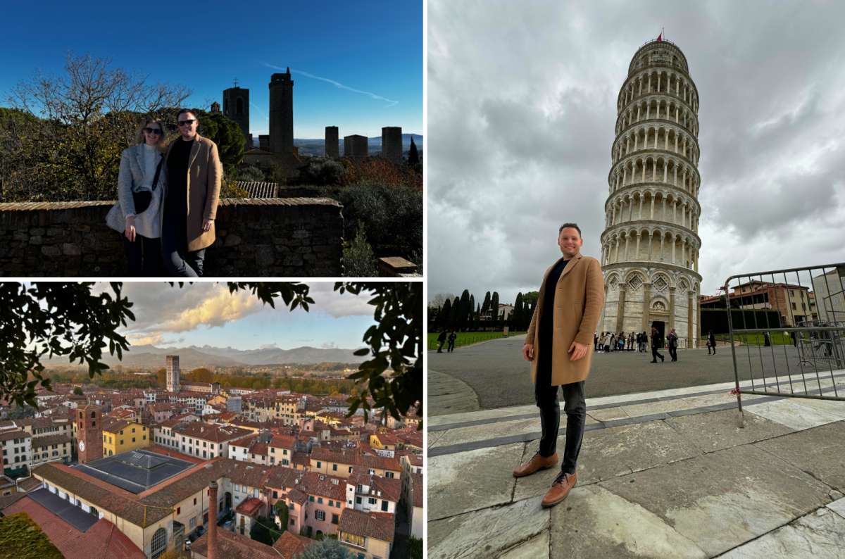 Day trips from Florence, Italy—views of San Gimignano with medieval towers, cityscape of Lucca, and the Leaning Tower of Pisa, photo by Next Level of Travel