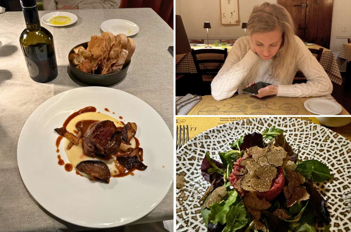 Fine dining dishes with truffles and beef fillet, bread and olive oil, and a diner at a traditional Tuscan restaurant in Florence, Italy, photo by Next Level of Travel