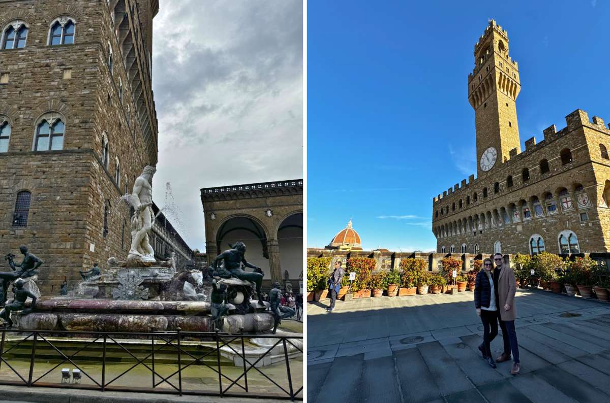 Fountain of Neptune and Palazzo Vecchio on Piazza della Signoria, plus rooftop view of Palazzo Vecchio with Florence Cathedral dome in the background, Florence, Italy, photo by Next Level of Travel