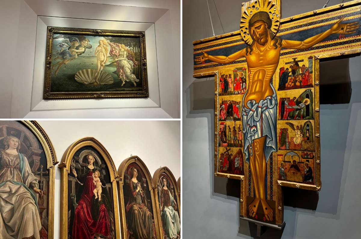 Renaissance art in Uffizi Gallery, Florence, Italy, including Botticelli’s Birth of Venus, Madonna paintings, and medieval crucifix artwork, photo by Next Level of Travel