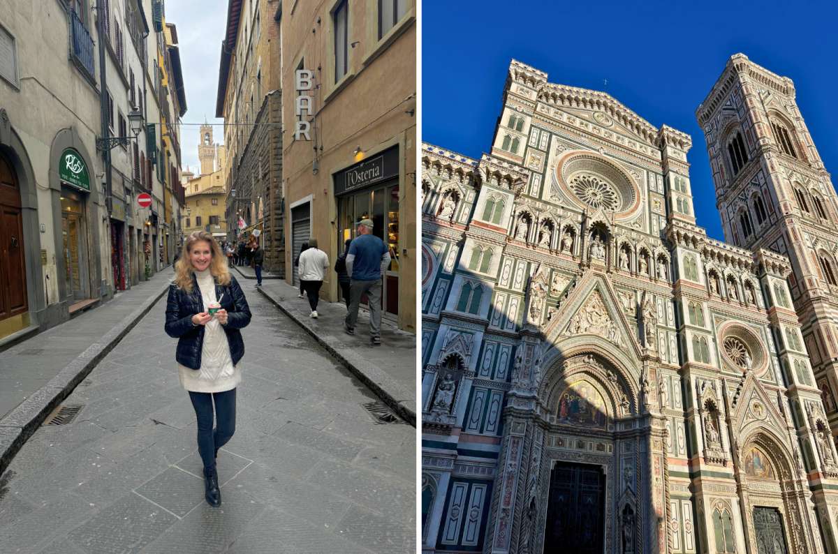 Street in Florence, Italy, with a tourist holding gelato, and Florence Cathedral (Duomo di Firenze) with bell tower under blue sky, photo by Next Level of Travel