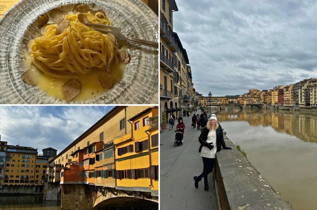 Truffle pasta, Ponte Vecchio bridge, and view along the Arno River in Florence, Italy, with colorful buildings and a tourist walking by, photo by Next Level of Travel