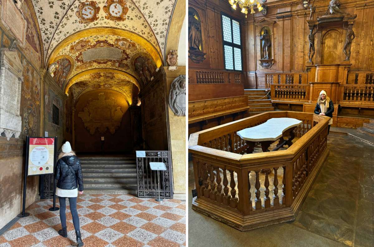 Archiginnasio of Bologna, Italy, featuring the ornate frescoed hallways and the historic Anatomical Theatre, photo by Next Level of Travel