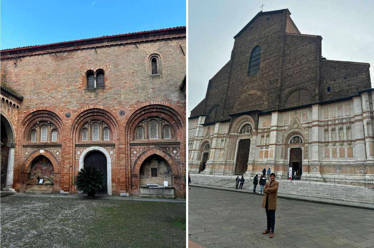 Basilica di San Domenico courtyard and Basilica di San Petronio facade on Piazza Maggiore in Bologna, Italy, photo by Next Level of Travel