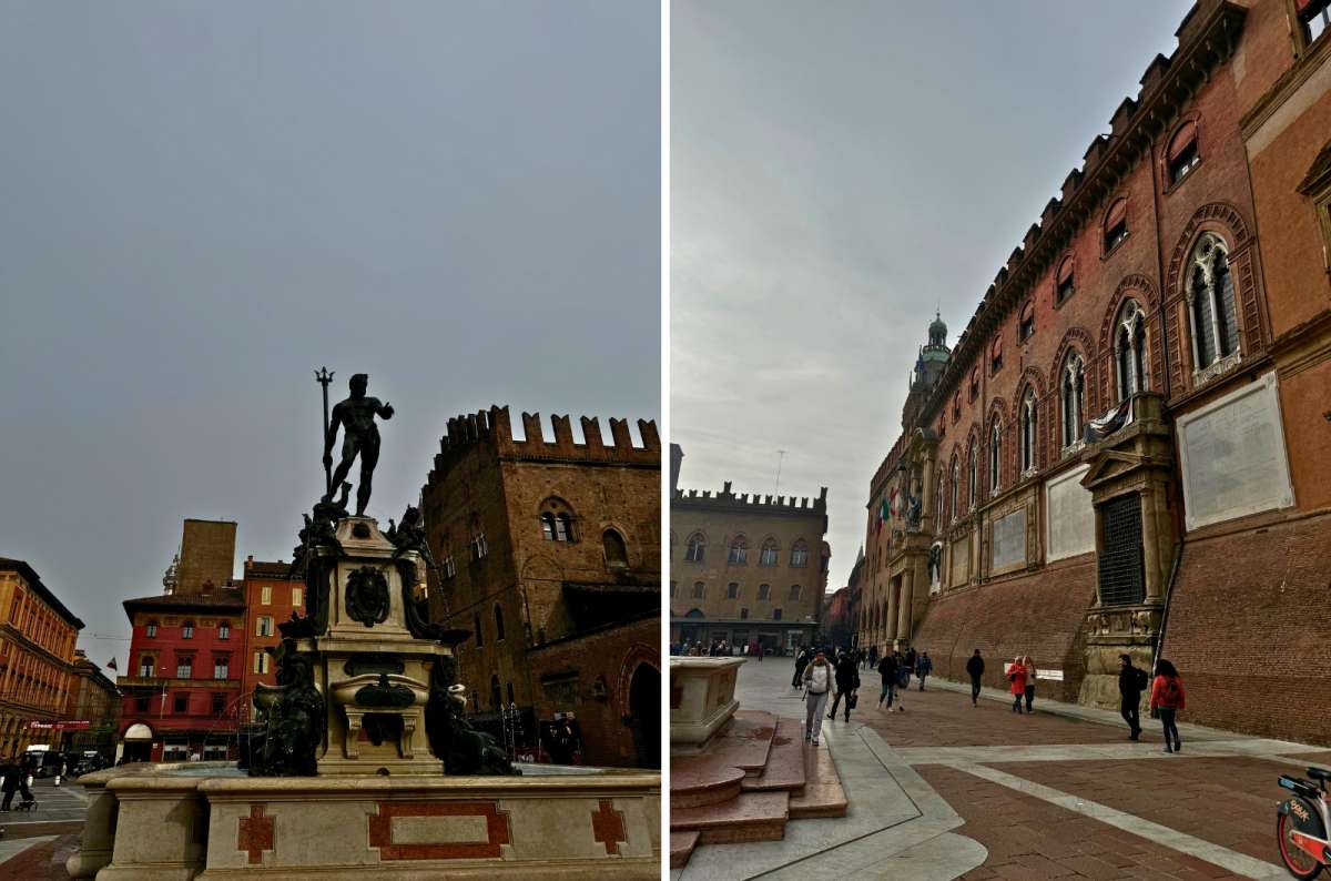Fountain of Neptune and Piazza Maggiore with historic buildings in Bologna, Italy, photo by Next Level of Travel