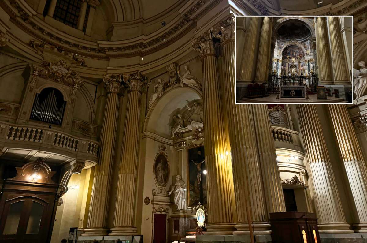 Interior of the Sanctuary of the Madonna di San Luca in Bologna, Italy, featuring ornate columns, sculptures, and richly decorated altar, photo by Next Level of Travel