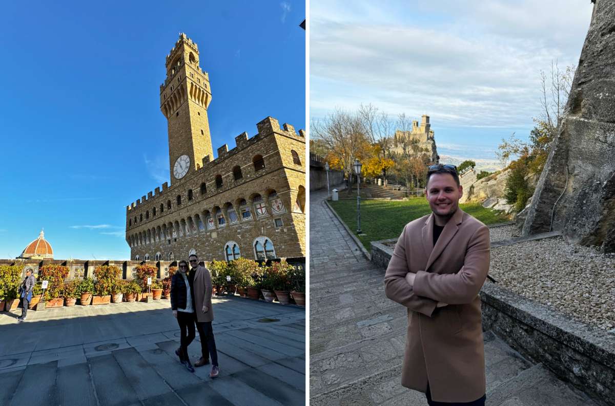 Palazzo Vecchio in Florence, Italy, with the Duomo dome in the background, and fortress views in San Marino with a tourist posing on a hill pathway, photo by Next Level of Travel