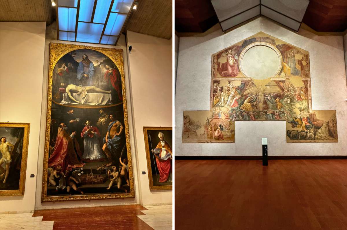 Renaissance and medieval paintings displayed inside the Pinacoteca Nazionale di Bologna, featuring works by Giotto and Guido Reni, photo by Next Level of Travel