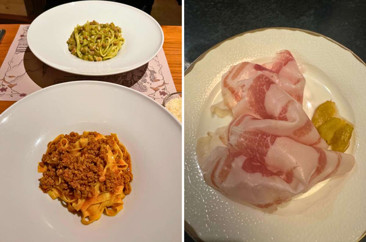 Traditional Bolognese dishes including tagliatelle al ragù, green pasta with sausage, and slices of mortadella and pancetta in Bologna, Italy, photo by Next Level of Travel