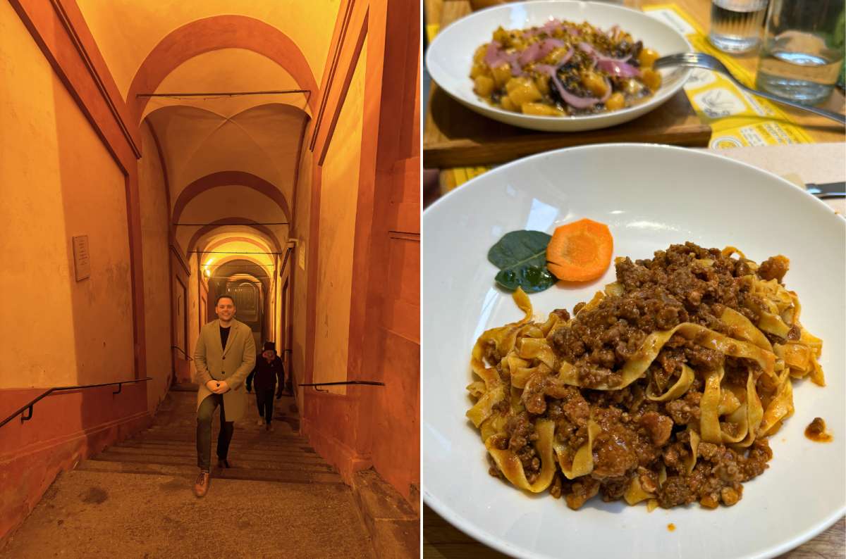 Traditional tagliatelle al ragù in Bologna, Italy, with a person walking under the porticoes of the city, photo by Next Level of Travel